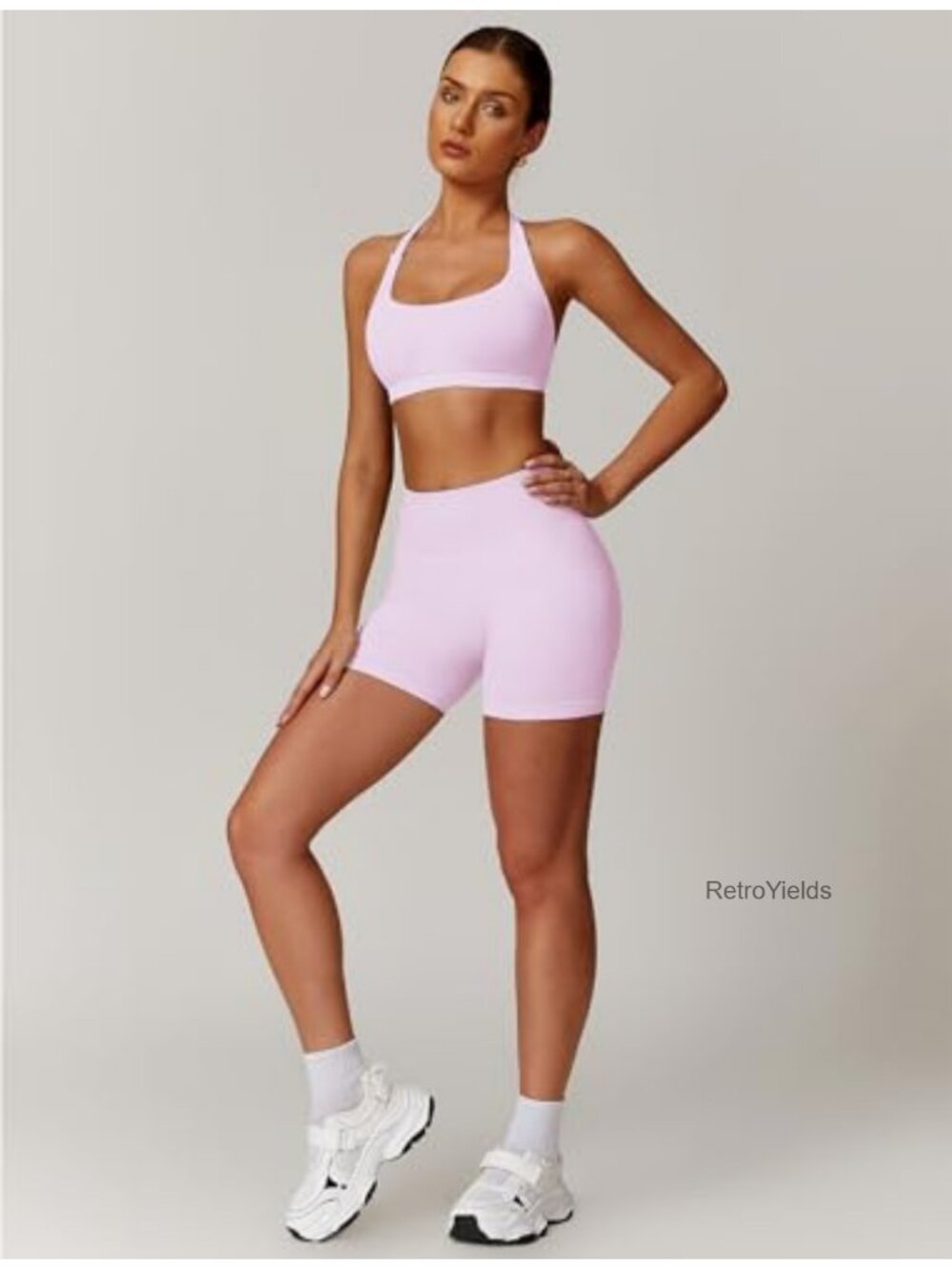 Seamless 2-Piece Workout Set Halter Sports Bra Scrunch Biker Shorts Yoga Gym - Picture 3 of 6